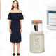 Ganni Rosemont Crepe Pant, $116 | Farrow Maria Button Down Dress, $54 | Ilia Sway Illuminator, $27 | Herbivore Blue Tansy Resurfacing Mask, $38